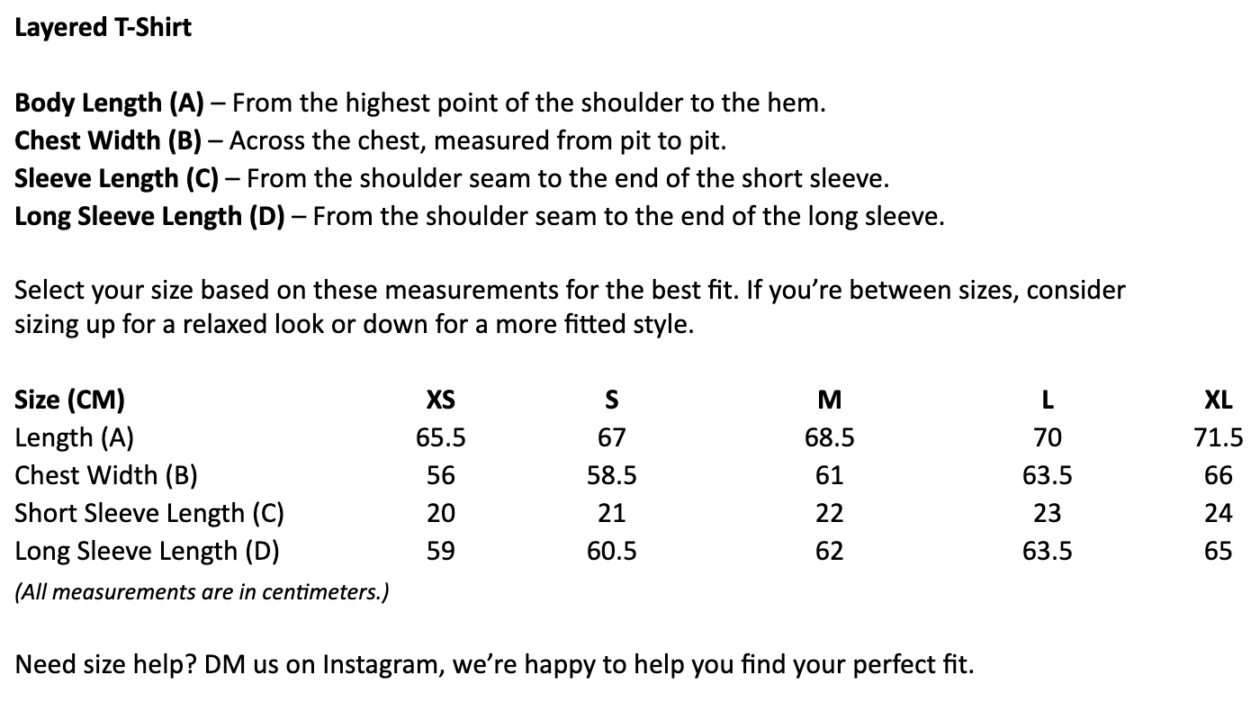 Size chart for Layered Box T-Shirt