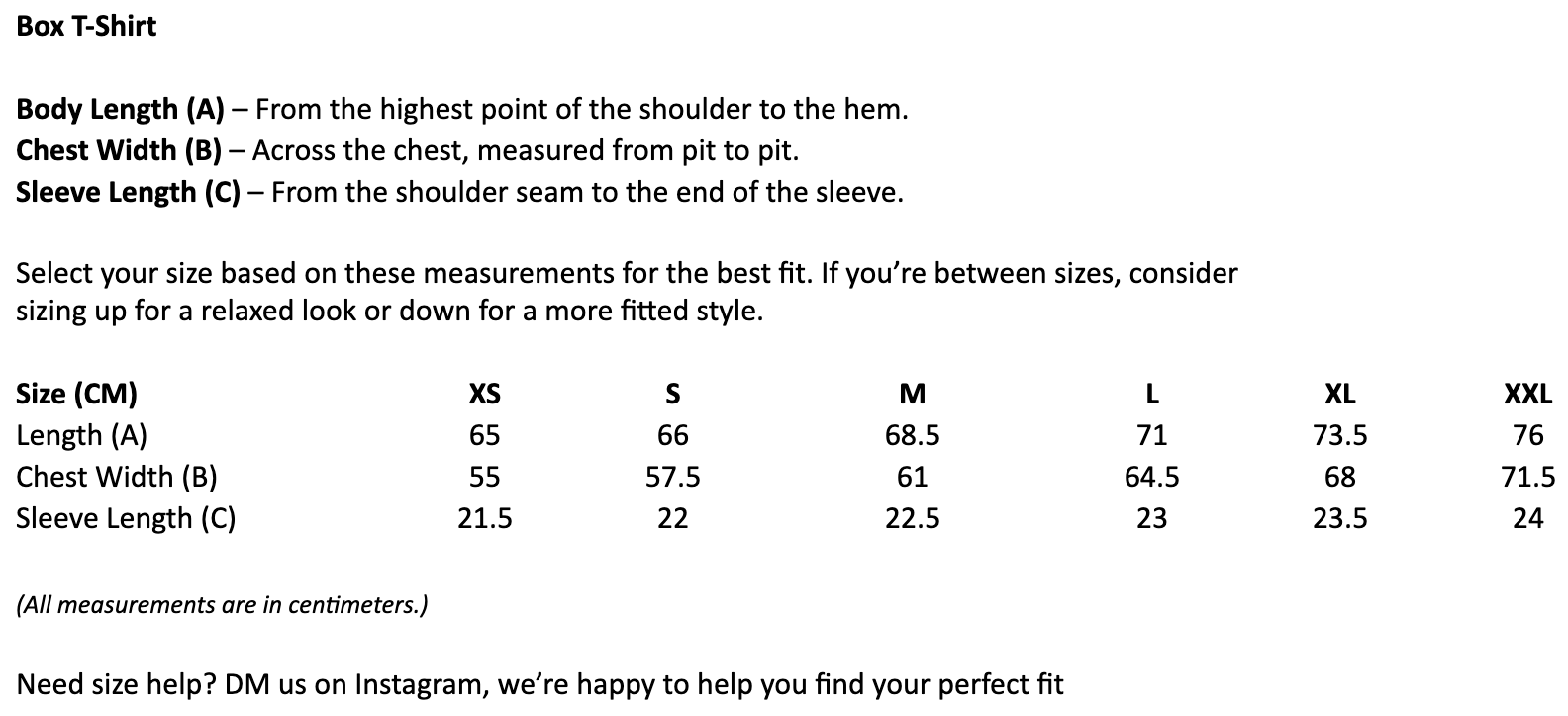 Size chart for Amore Box T-Shirt