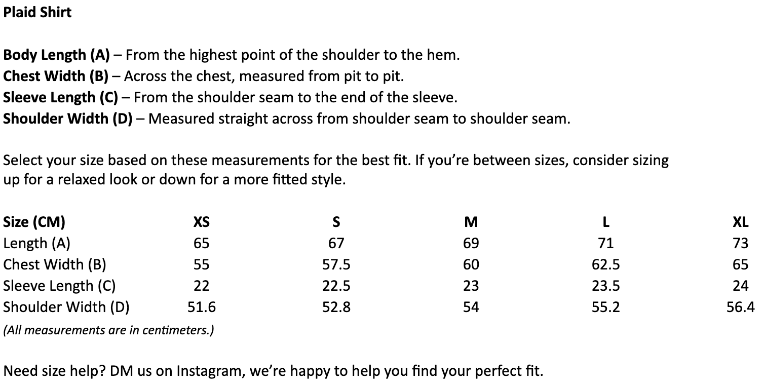 Size chart for Plaid Shirt
