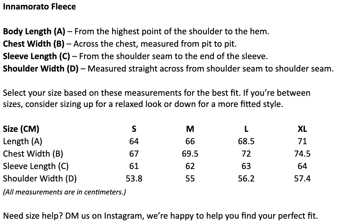 Size chart for Innamorato Sherpa Fleece