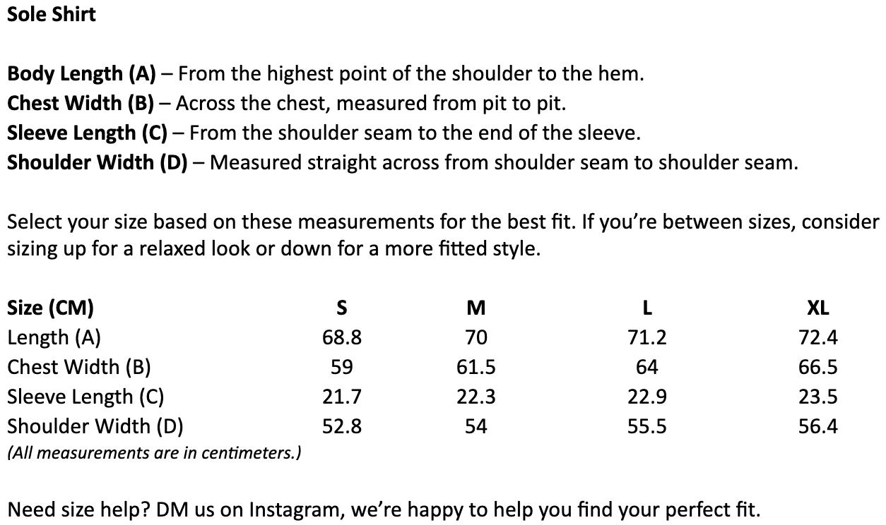 Size chart for Sole Short Sleeve Shirt