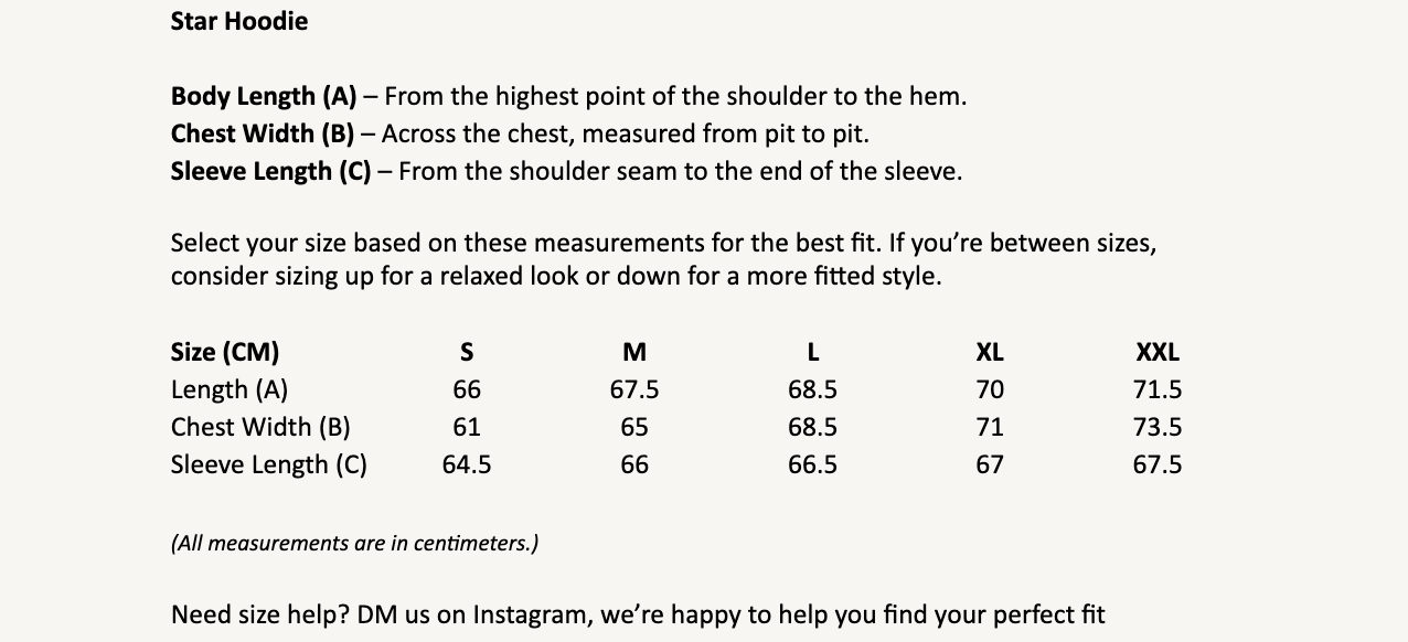 Size chart for Star Hoodie
