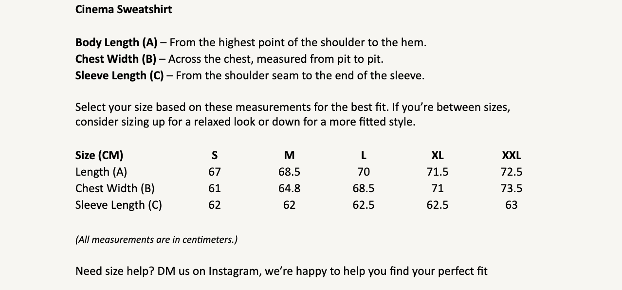 Size chart for Cinema Sweatshirt